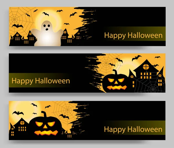 Conjunto Tres Pancartas Negras Halloween Con Calabaza Fantasma Murciélago Castillo — Vector de stock