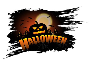 Tasarım Cadılar Bayramı öğeleri posteri veya başlığı ile kabak için. Kale ve yarasalar arka plan. Vektör çizim.