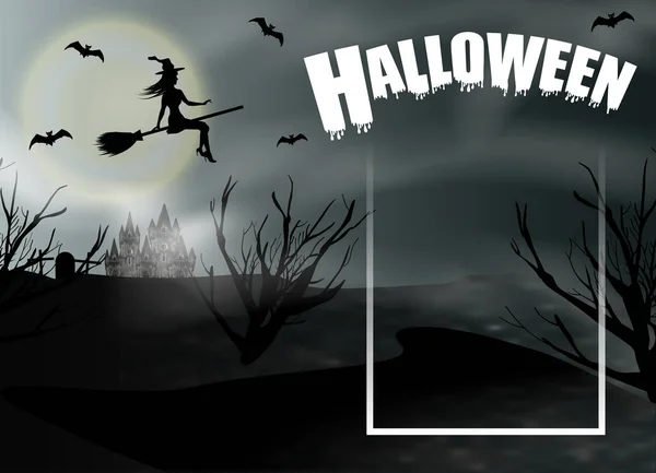 Halloween Bakgrund Med Flygande Unga Häxan Och Fullmåne Fantasy Natt — Stock vektor