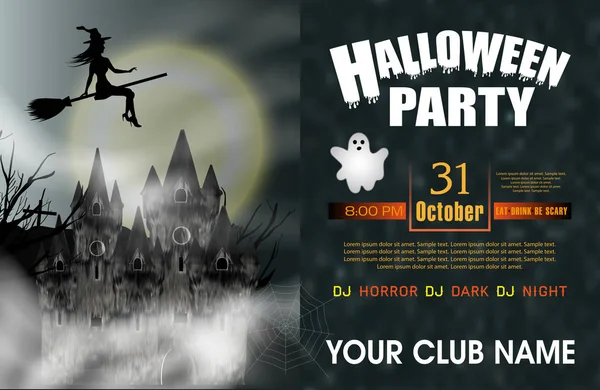 Halloween Party Pozadí Gotického Hradu Létající Mladá Čarodějnice Duch Úplněk — Stockový vektor