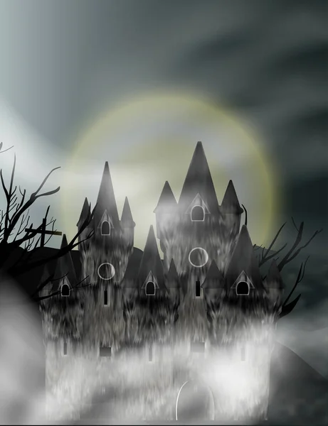 Gothic castle in fog in background full moon. Fantasy night view. Vector illustration.