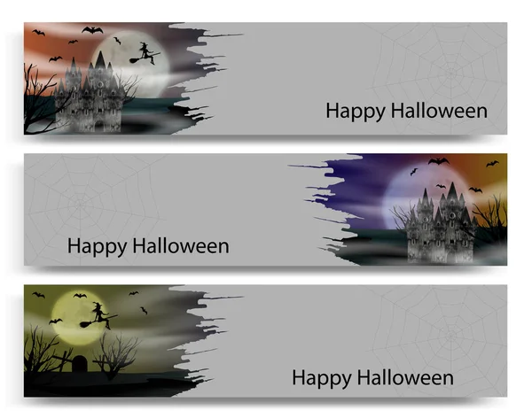 Banner Colección Para Halloween Con Castillo Gótico Volando Joven Bruja — Vector de stock