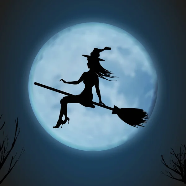 Halloween Background Young Witch Flying Broomstick Background Full Moon Vector — Stock Vector