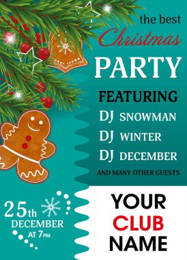 Noel Partisi Davetiyesi. Turkuaz arka plan ile Gingerbread çerezleri Noel ağacı dalları ve Holly için Noel ve yeni yıl tasarım çilek. Vektör çizim.