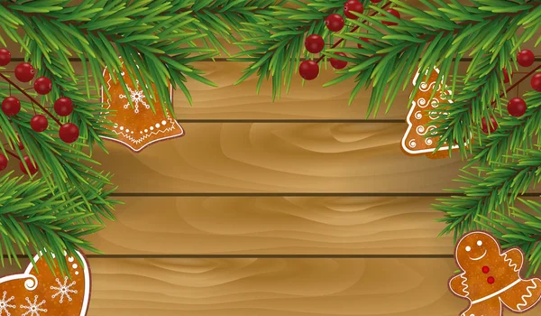 Χριστουγεννιάτικο Ξύλινο Υπόβαθρο Μελόψωμο Cookies Χριστουγεννιάτικο Δέντρο Κλαδιά Και Holly — Διανυσματικό Αρχείο