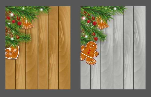 Conjunto Fondos Madera Navidad Con Galletas Jengibre Ramas Árbol Navidad — Vector de stock