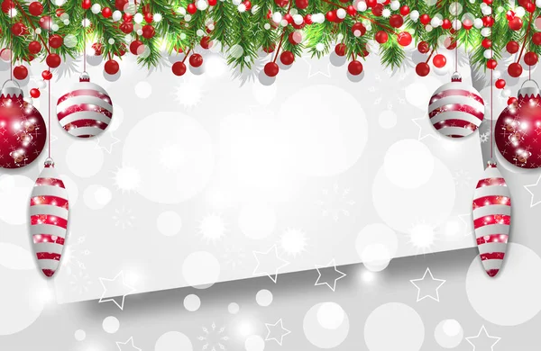 圣诞背景 新年装饰与冷杉树枝 珠子和冬青浆果和红色华而不实 矢量插图 — 图库矢量图片