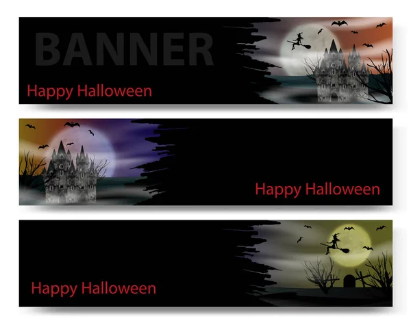 Banner Halloween Fondo Negro Con Castillo Gótico Bruja Joven Voladora — Vector de stock