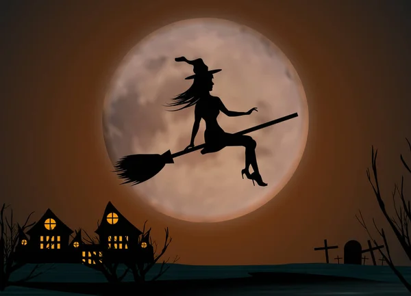 ハロウィンの背景 若い魔女の城と墓地満月の背景にほうきで飛んで ベクトル図 — ストックベクタ