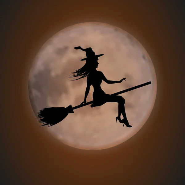 Halloween Background Young Witch Flying Broomstick Background Full Moon Vector — Stock Vector