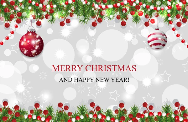 Рождественский Фон Новогоднее Украшение Еловыми Ветвями Бусинами Ягодами Красными Безделушками — стоковый вектор