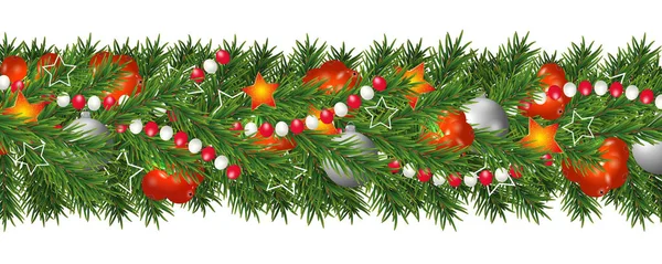 Guirlande Noël Bonne Année Bordure Branches Arbre Noël Décorées Baies — Image vectorielle