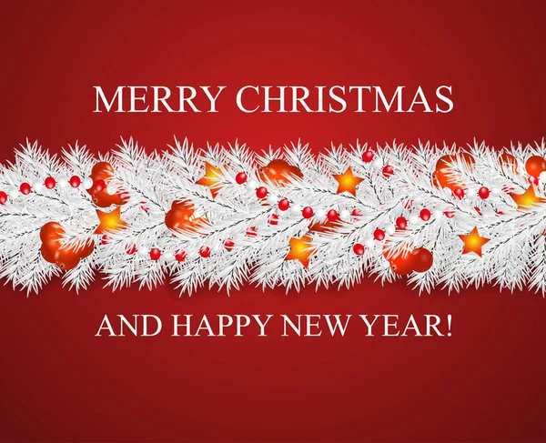 圣诞节和新年快乐的花环和边界的现实看起来白色的圣诞树树枝点缀着冬青浆果 星星和珠子 节日装饰 矢量插图 — 图库矢量图片