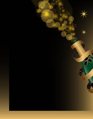 Şampanya şişesi kurdele ile altın glitter/EC ile Noel ve yeni yıl arka plan. Vektör çizim.