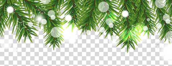 Noel ve mutlu yeni yıl kenarlığı saydam arka plan üzerinde Noel ağacı dalı. Tatil dekorasyon. Vektör çizim.
