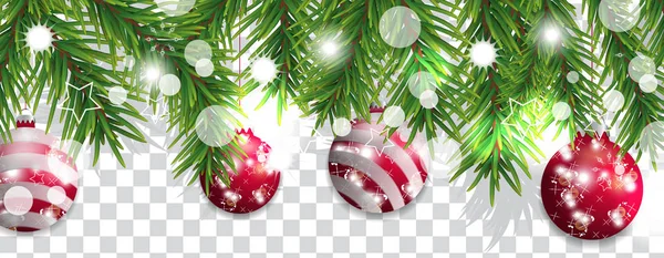 Різдвяний і щасливий новорічний кордон гілок ялинки з червоними кульками на прозорому фоні. Декорування свят. Векторні — стоковий вектор