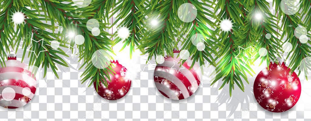Christmas and happy New Year border of Christmas tree branches with red balls on transparent background. Holidays decoration. Vector