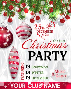Noel Partisi Davetiyesi şablonu. Çam dalları, holly berry ve kırmızı baubles ile arka plan. Vektör çizim.