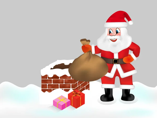 Santa Claus Con Saco Lleno Regalos Chimenea Ilustración Vector Navidad — Vector de stock