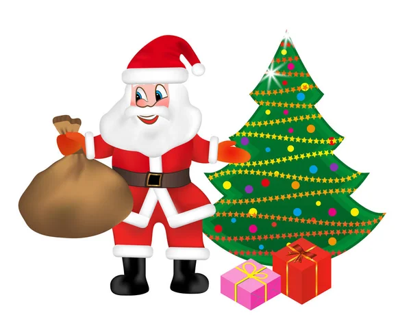 Papai Noel Com Uma Bolsa Mantém Cheio Presentes Árvore Natal — Vetor de Stock