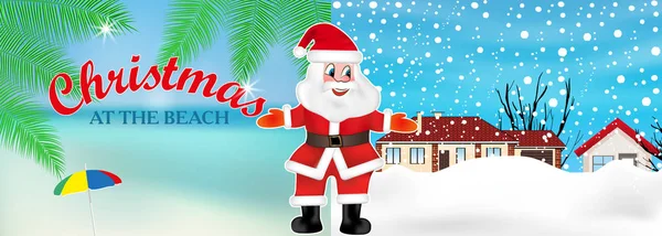 Santa Claus Zaprasza Zimy Lata Świętować Boże Narodzenie Plaży Ilustracja — Wektor stockowy