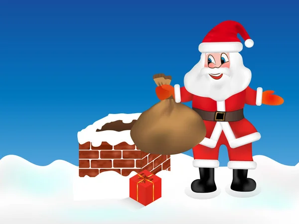 Santa Claus Tiene Una Bolsa Llena Regalos Chimenea Ilustración Vector — Vector de stock