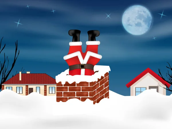 Santa Claus Vast Zitten Schoorsteen Ondersteboven Besneeuwde Winterlandschap Kerstmis Achtergrond — Stockvector
