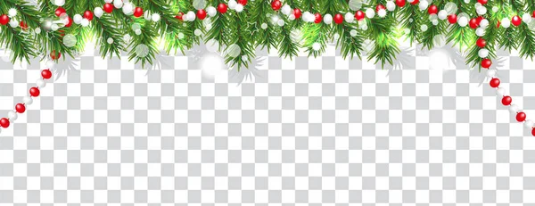 Різдвяний Щасливий Новорічний Кордон Гілок Ялинки Бісеру Прозорому Фоні Декорування — стоковий вектор
