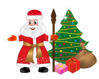 Rus Noel Baba ya da baba olarak da bilinen Ded Moroz kadrosu ile süsleyin ve bir çanta dolusu hediyeler Noel ağacına tutar. Mutlu yeni yıl tebrik kartı. Vektör çizim.