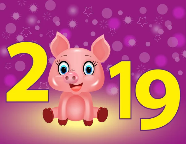 Año Nuevo Fondo Púrpura Con Dígitos Amarillos 2019 Lindo Cerdo — Archivo Imágenes Vectoriales