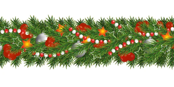 Noel ve mutlu yeni yıl garland ve Noel ağacı dalları kenarlığını holly Karpuzu ve gümüş baubles, yıldız ve boncuklarla süslenmiş. Tatil dekorasyon izole. Vektör çizim.