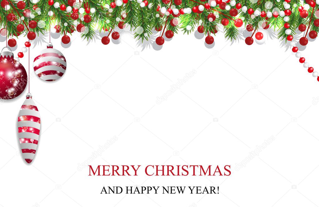 Christmas background, New Year decoration garland with fir branches, beads and holly berry and red baubles. Vector illustration.