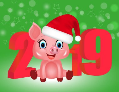 Red3d basamak 2019 ve Noel Baba'nın şapkalı, Çin takvimine zodyak sembol sevimli domuz ile yeni yıl yeşil arka plan 2019 yılın. Vektör çizim.