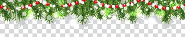 Yeni yıl ve Noel sınır garland Noel ağaç dalları ve şeffaf arka plan üstündeki. Tatil dekorasyon. Vektör çizim.