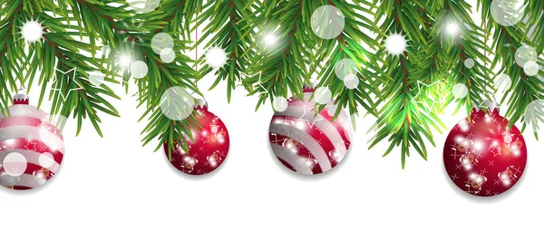 クリスマスと白い背景で隔離の赤のボールとクリスマス ツリーの枝の幸せな新しい年境界線 休日の装飾 ベクトル図 — ストックベクタ