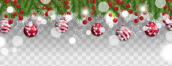 Weihnachten Und Frohes Neues Jahr Grenze Von Weihnachtsbaumzweigen Mit Roten — Stockvektor