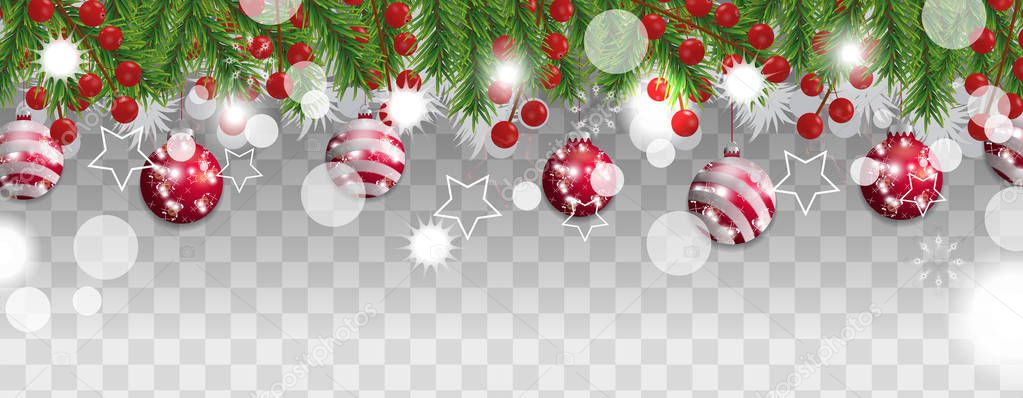 Christmas and happy New Year border of Christmas tree branches with red balls and holly berries on transparent background. Holidays decoration. Vector illustration.