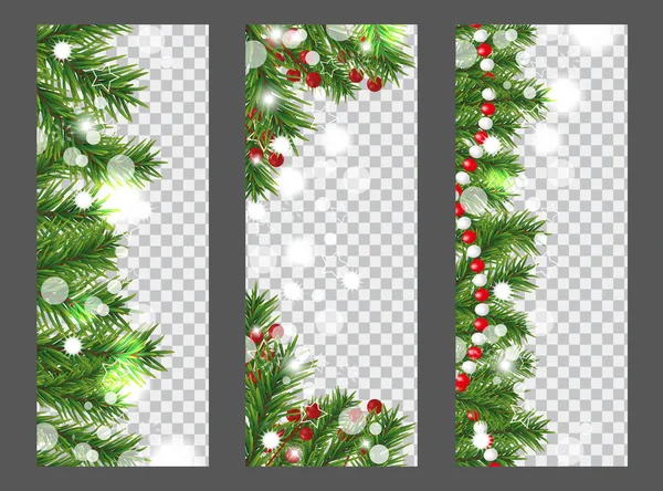 Kenarlık veya Noel ağaç dalları, holly Karpuzu ve şeffaf arka plan üstündeki çelenk ile dikey afiş koleksiyonu Noel ve yeni yıl. Tatil dekorasyon. Vektör çizim.