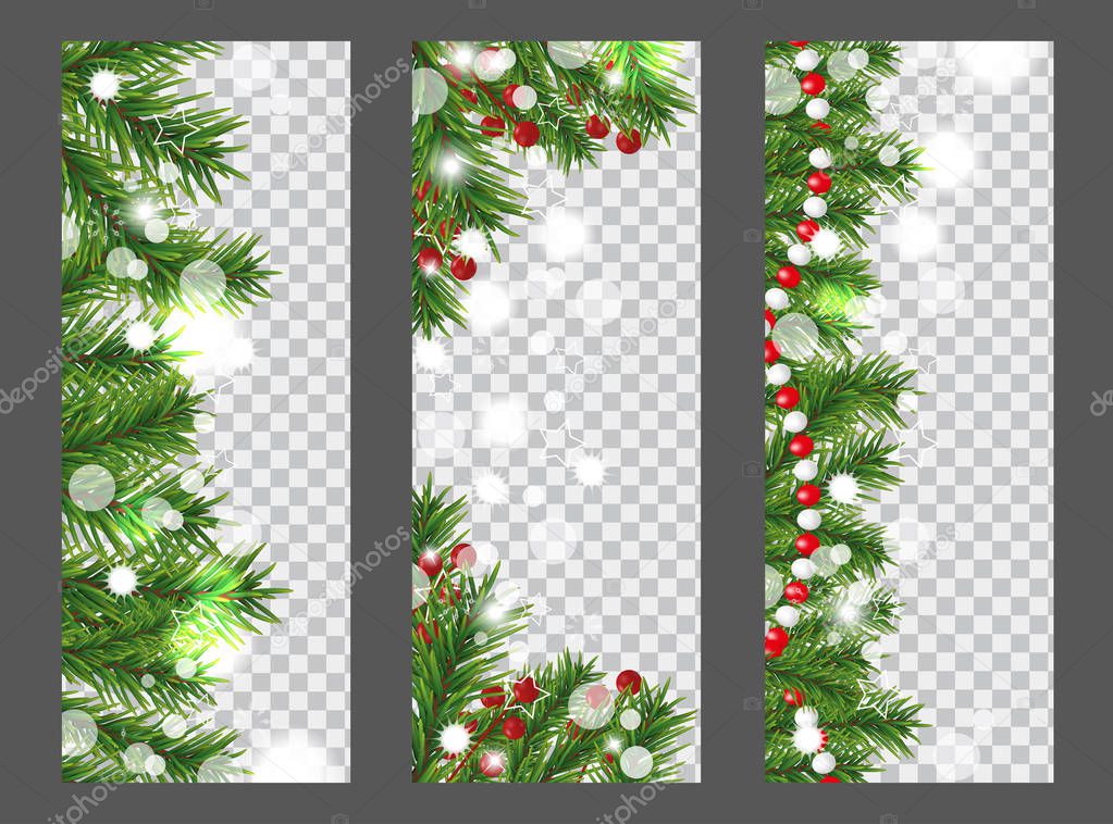 Collection Christmas and New Year vertical banner with border or garland of Christmas tree branches, holly berries and beads on transparent background. Holidays decoration. Vector illustration.