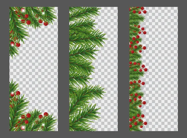 Noel ve yeni yıl dikey afiş garland veya Noel ağaç dalları ve holly Karpuzu sınırı ile şeffaf arka plan üzerinde ayarlayın. Tatil dekorasyon. Vektör çizim.