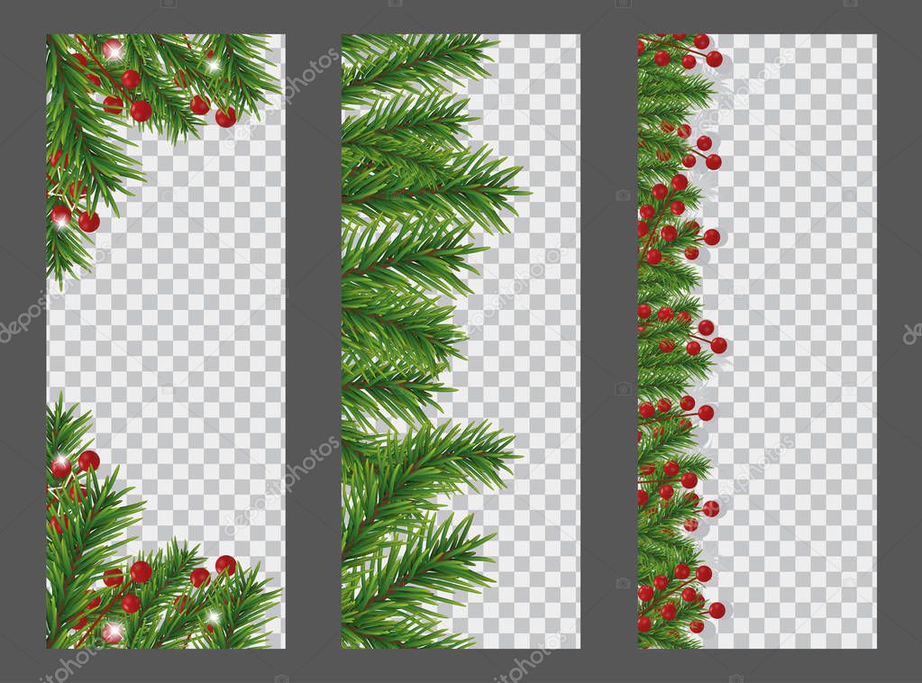 Set Christmas and New Year vertical banner with garland or border of Christmas tree branches and holly berries on transparent background. Holidays decoration. Vector illustration.