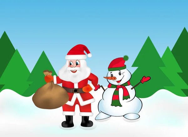 Weihnachtsmann Mit Einer Tüte Voller Geschenke Und Schneemann Schneebedeckten Wald — Stockvektor