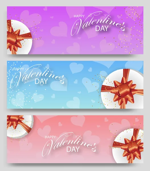 Set Horizontal Banners Valentines Day Decorated Hearts White Boxes Red — Stock Vector