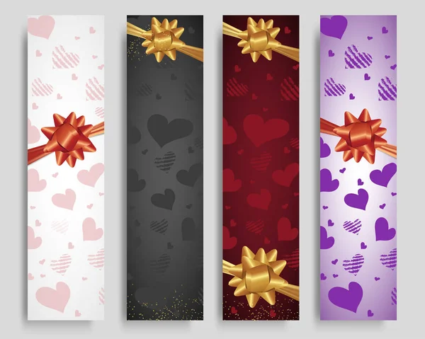 Vertikale Banner Für Den Valentinstag Schmückten Herzen Und Schleifen Mit — Stockvektor