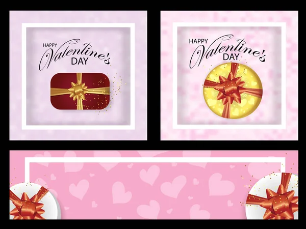 Set roze achtergronden en banners voor Valentijnsdag ingericht harten en dozen met bogen. Vector — Stockvector