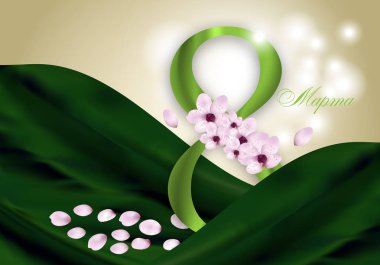 Pembe çiçekler, yaprakları ve yeşil basamak sekiz, Rus Mart 8 metinde tatil 8 Mart Dünya Kadınlar Günü için zarif arka plan. Vektör çizim.