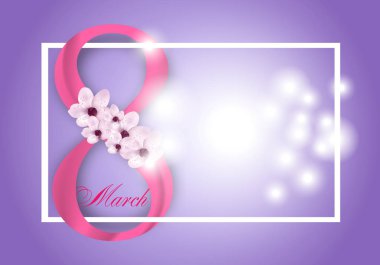 Mor arka plan tatil 8 Mart Dünya Kadınlar Günü için. Pembe çiçekler ve basamak sekiz olan çerçeveye. Vektör çizim.