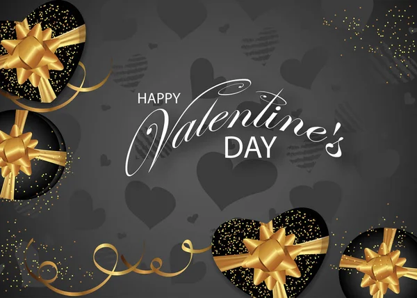 День Святого Валентина Фон Украшен Черные Коробки Золотыми Луками Сердца — стоковый вектор