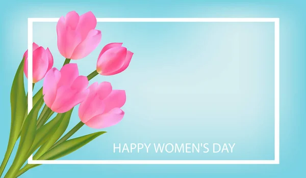 Fondo Azul Primavera Con Tulipanes Marzo Día Internacional Mujer Plantilla — Vector de stock