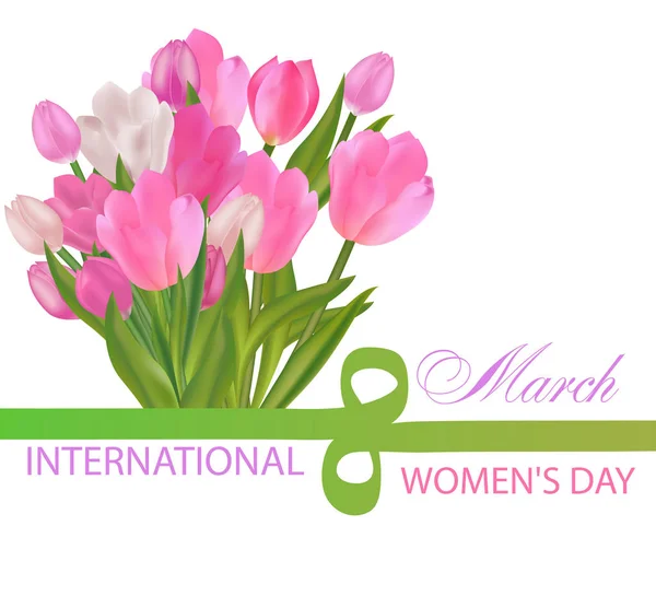 一束郁金香和一条数字八丝带 为3月8日国际妇女节送花 矢量插图 — 图库矢量图片